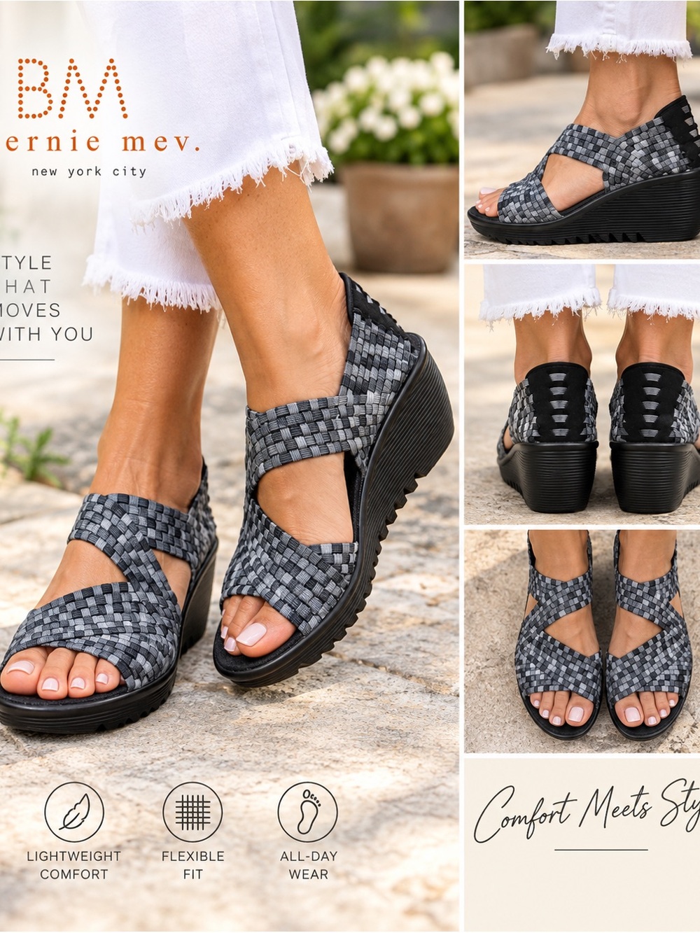 Bernie Mev New York Woven Wedge Sandals Size 40 Gray Black New